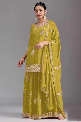 lemon green chinon silk semi stitched wedding suits