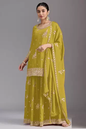 lemon green chinon silk semi stitched wedding suits