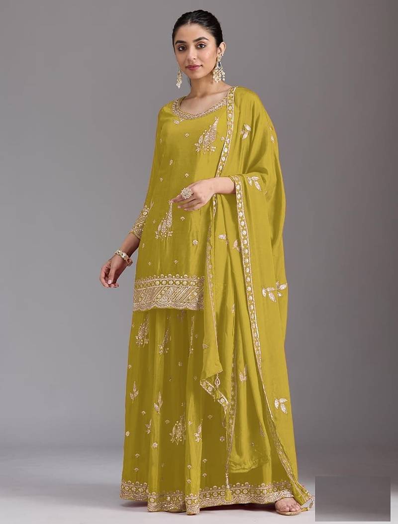 lemon green chinon silk semi stitched wedding suits