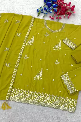 lemon green chinon silk semi stitched wedding suits