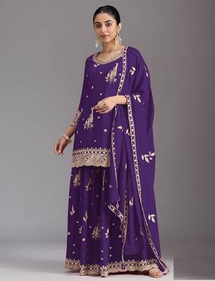 purple chinon silk semi stitched wedding suits 1
