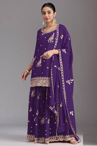 purple chinon silk semi stitched wedding suits