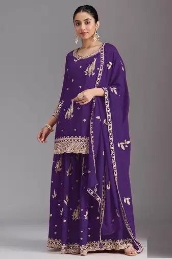 purple chinon silk semi stitched wedding suits