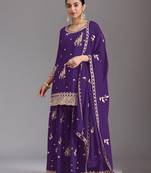 purple chinon silk semi stitched wedding suits