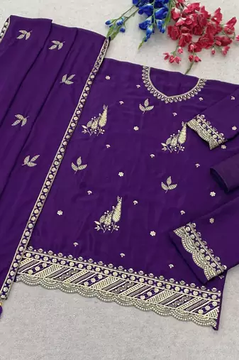 purple chinon silk semi stitched wedding suits