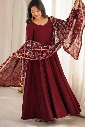 maroon roman silk chanderi 16 kali anarkali gown set with embroidered dupatta