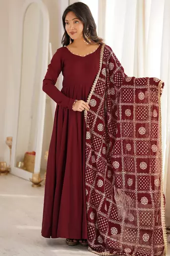 Maroon roman silk chanderi 16 kali anarkali gown set with embroidered dupatta