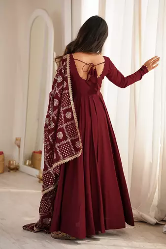 Maroon roman silk chanderi 16 kali anarkali gown set with embroidered dupatta