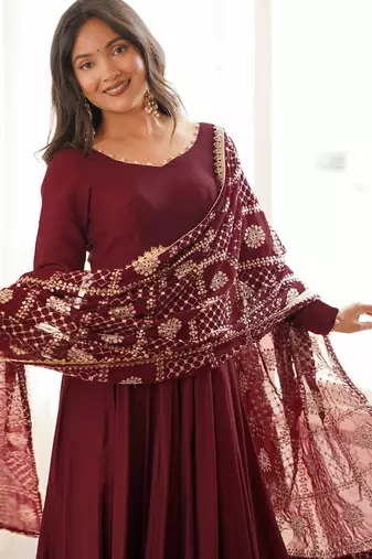 Maroon roman silk chanderi 16 kali anarkali gown set with embroidered dupatta