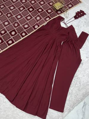 Maroon roman silk chanderi 16 kali anarkali gown set with embroidered dupatta 5