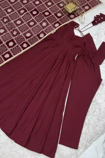 Maroon roman silk chanderi 16 kali anarkali gown set with embroidered dupatta