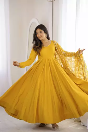 yellow roman silk chanderi 16 kali anarkali gown set with embroidered dupatta