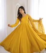 yellow roman silk chanderi 16 kali anarkali gown set with embroidered dupatta