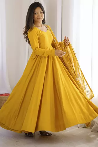 yellow roman silk chanderi 16 kali anarkali gown set with embroidered dupatta