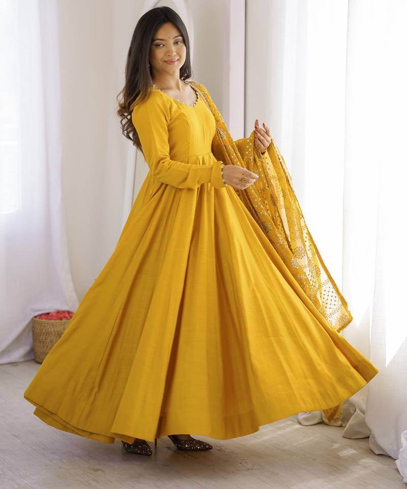 yellow roman silk chanderi 16 kali anarkali gown set with embroidered dupatta