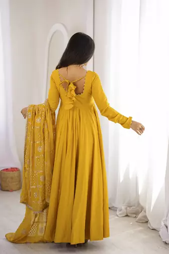 yellow roman silk chanderi 16 kali anarkali gown set with embroidered dupatta