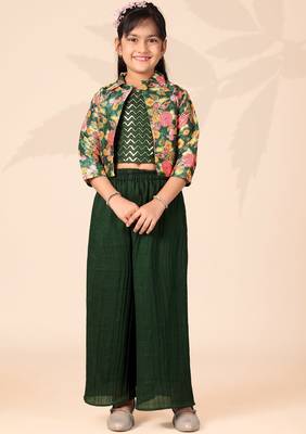 Girls floral printed crop top with jacket and wide-leg palazzo pant set(green) 1