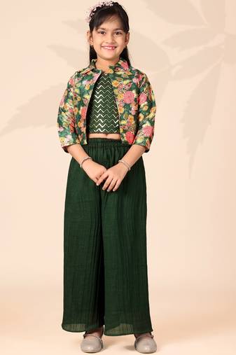 Girls floral printed crop top with jacket and wide-leg palazzo pant set(green)