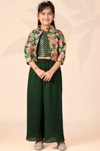 Girls floral printed crop top with jacket and wide-leg palazzo pant set(green)