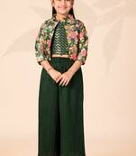 Girls floral printed crop top with jacket and wide-leg palazzo pant set(green)
