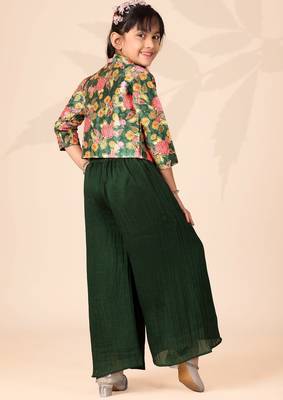Girls floral printed crop top with jacket and wide-leg palazzo pant set(green) 2