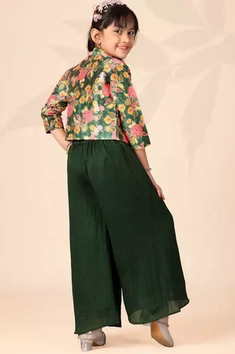 Girls floral printed crop top with jacket and wide-leg palazzo pant set(green)