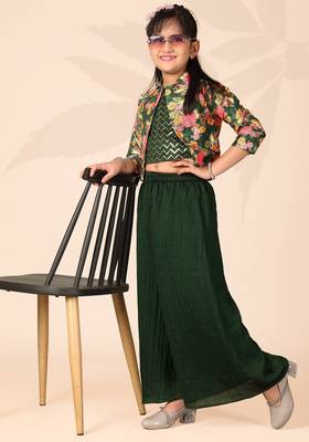 Girls floral printed crop top with jacket and wide-leg palazzo pant set(green) 3
