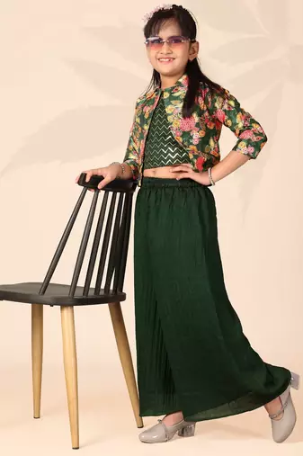 Girls floral printed crop top with jacket and wide-leg palazzo pant set(green)