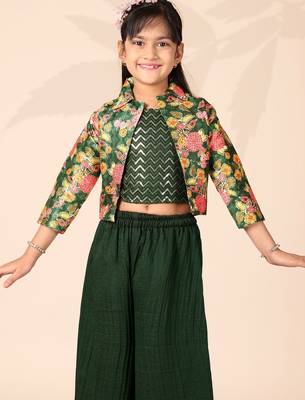 Girls floral printed crop top with jacket and wide-leg palazzo pant set(green) 4