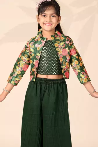 Girls floral printed crop top with jacket and wide-leg palazzo pant set(green)