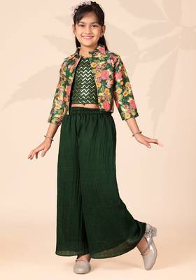 Girls floral printed crop top with jacket and wide-leg palazzo pant set(green) 5