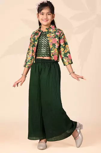 Girls floral printed crop top with jacket and wide-leg palazzo pant set(green)