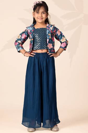 Girls floral printed crop top with jacket and wide-leg palazzo pant set(blue)