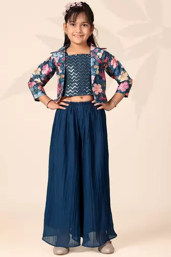 Girls floral printed crop top with jacket and wide-leg palazzo pant set(blue)