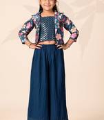 Girls floral printed crop top with jacket and wide-leg palazzo pant set(blue)
