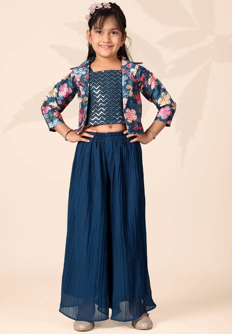 Girls floral printed crop top with jacket and wide-leg palazzo pant set(blue)