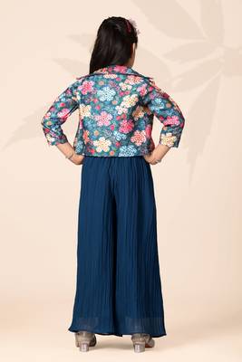 Girls floral printed crop top with jacket and wide-leg palazzo pant set(blue) 2