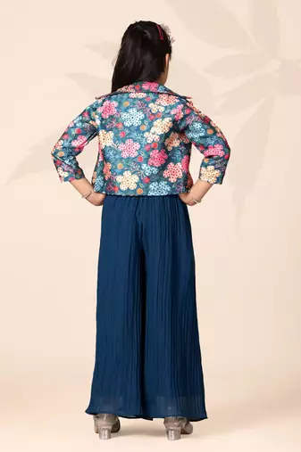 Girls floral printed crop top with jacket and wide-leg palazzo pant set(blue)