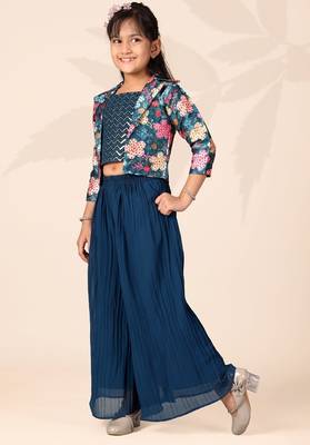 Girls floral printed crop top with jacket and wide-leg palazzo pant set(blue) 3