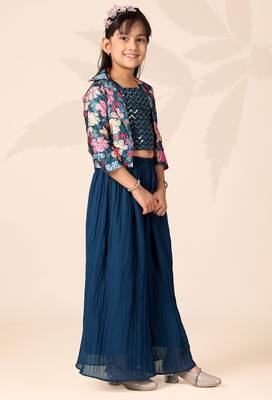 Girls floral printed crop top with jacket and wide-leg palazzo pant set(blue) 4