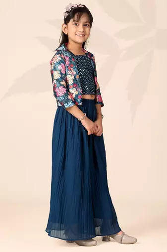 Girls floral printed crop top with jacket and wide-leg palazzo pant set(blue)