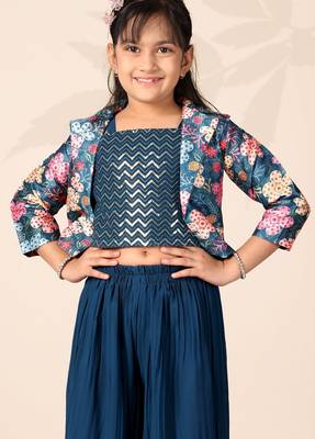 Girls floral printed crop top with jacket and wide-leg palazzo pant set(blue) 5