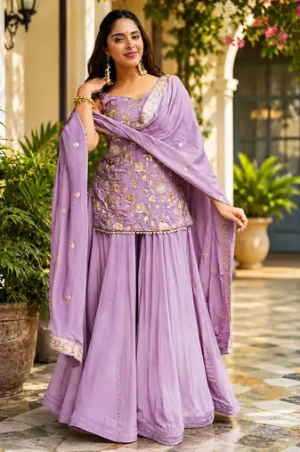 Mauve purple heavy diamond silk sequins zari & thread embroidered sharara suit set with dupatta