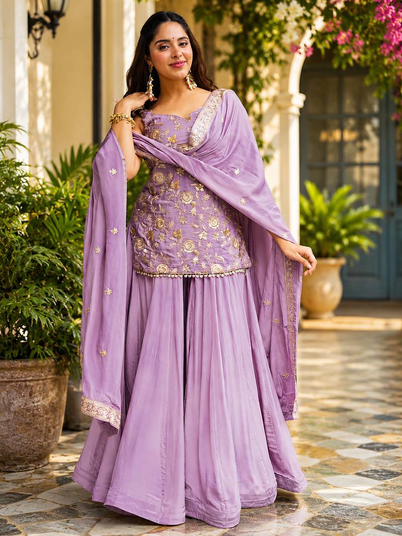 Mauve purple heavy diamond silk sequins zari & thread embroidered sharara suit set with dupatta