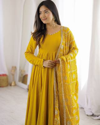yellow roman silk chanderi 16 kali anarkali gown set with embroidered dupatta 4