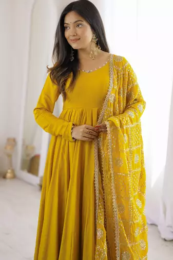 yellow roman silk chanderi 16 kali anarkali gown set with embroidered dupatta