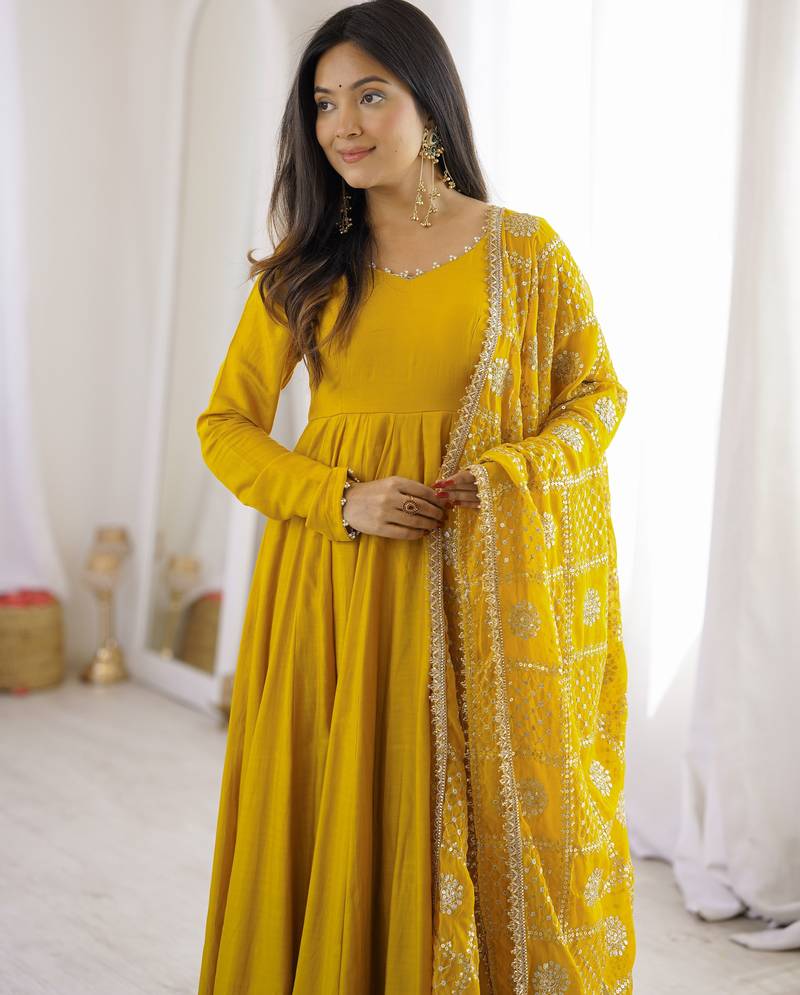 yellow roman silk chanderi 16 kali anarkali gown set with embroidered dupatta