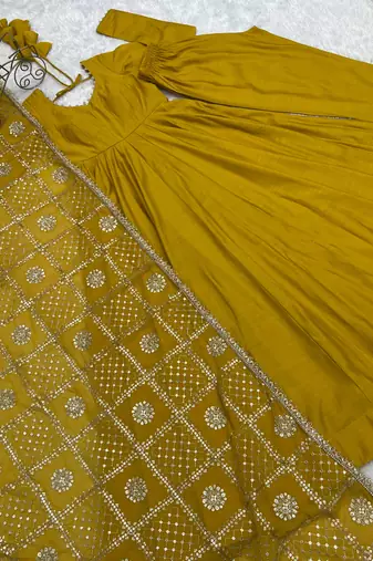yellow roman silk chanderi 16 kali anarkali gown set with embroidered dupatta
