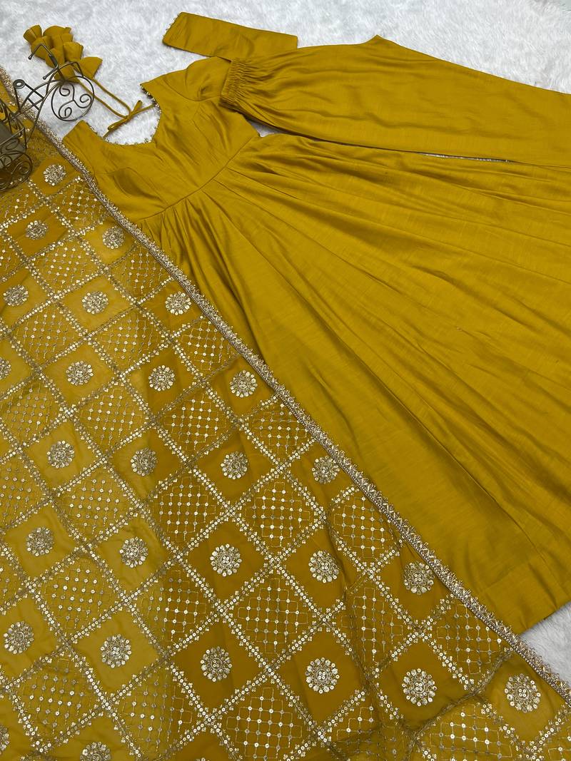 yellow roman silk chanderi 16 kali anarkali gown set with embroidered dupatta