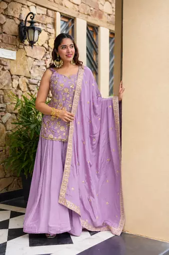 Mauve purple heavy diamond silk sequins zari & thread embroidered sharara suit set with dupatta
